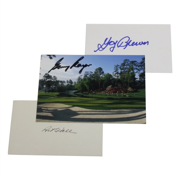 Gary Player Signed Masters Photo with Gay Brewer & Art Wall Signed 3x5 Cards JSA ALOA