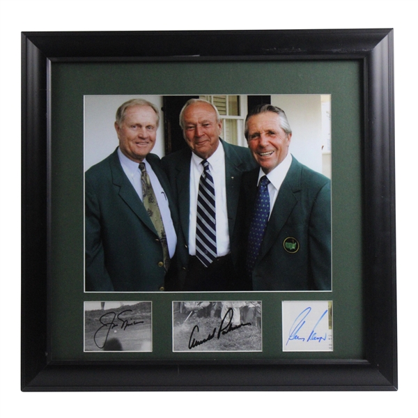 Big Three (Palmer, Player, Nicklaus) Signed Cut w/Photo at Augusta in Their Green Jackets JSA ALOA