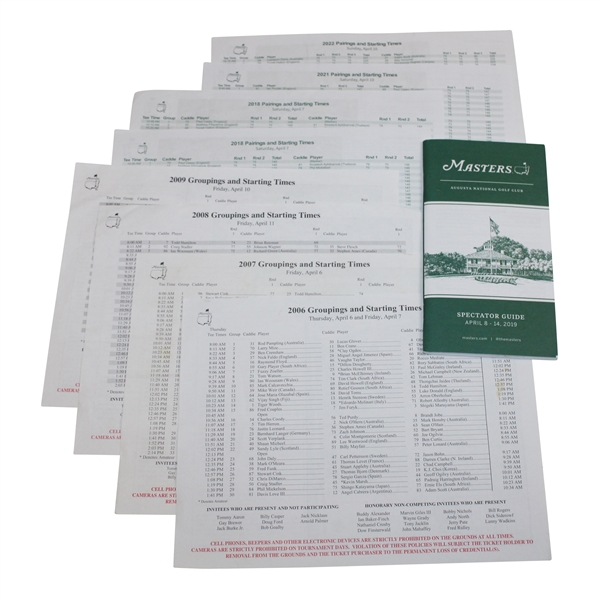 2019 Masters Spectator Guide, Nestle Inv. Booklet & Eight (8) Masters Pairing Sheets (2006-2022)