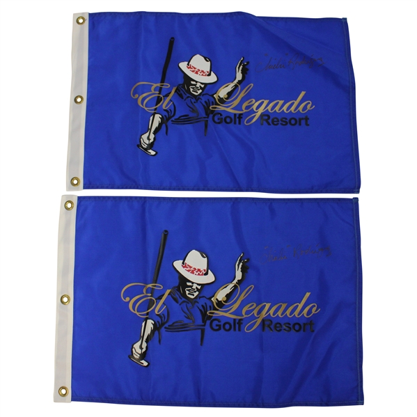 Two (2) Chi Chi Rodriguez Signed El Legado Golf Resort Blue Screen Flags JSA ALOA