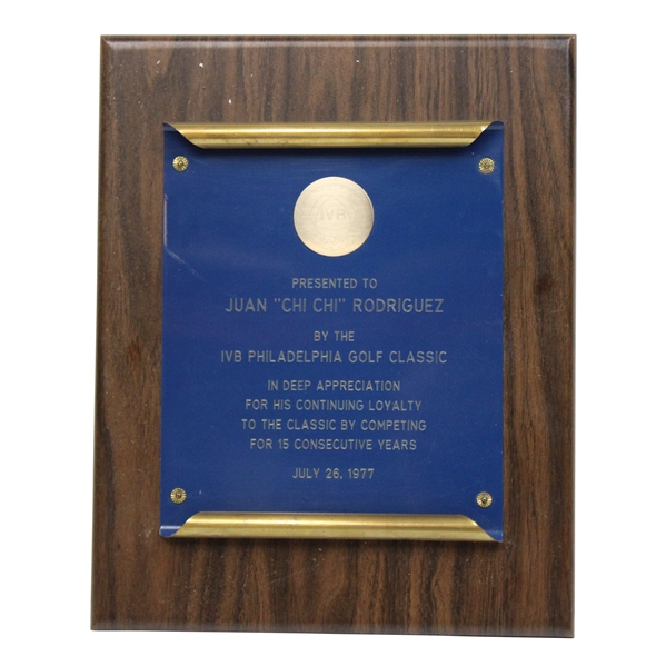 Chi Chi Rodriguezs Personal IVB Philadelphia Golf Classic Plaque Dated July 26, 1977