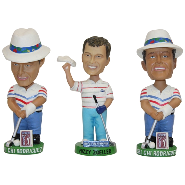 Chi Chi Rodriguezs Two (2) Senior PGA Tour w/Fuzzy Zoeller 1984 Us open Champion Bobbleheads