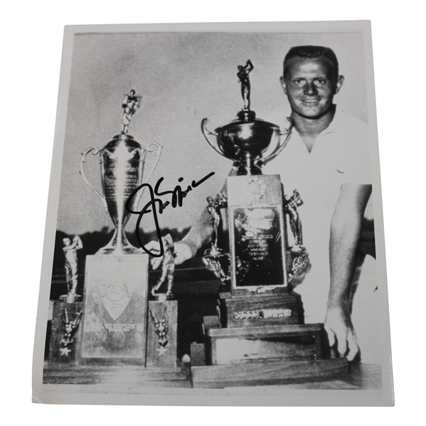 Jack Nicklaus Signed Posing w/ 1957 Junior Amateur Trophies 8x10 B&W Photo JSA ALOA