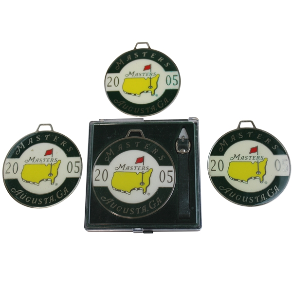 Four (4) 2005 Masters Tournament Metal Bag Tags - Tiger Win & Jacks Final Masters