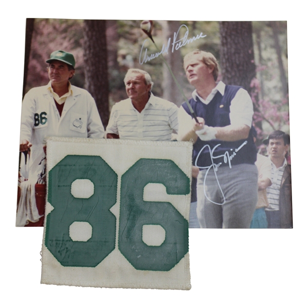 Masters 86 Caddy Patch from 1987 w/Def. Champ Nicklaus & Palmer Signed Photo JSA ALOA