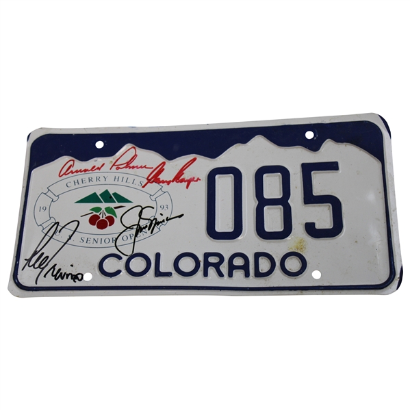 Big 3 Palmer, Nicklaus, Player & Lee Signed 1993 US Sr Open at Cherry Hills License Plate JSA ALOA