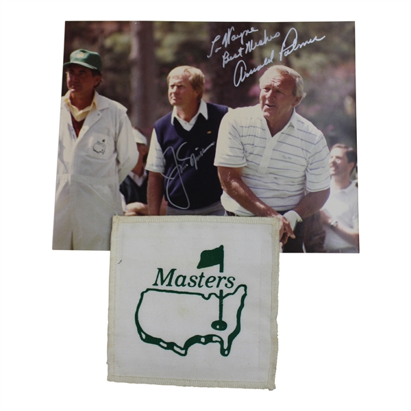 Masters Logo Caddy Patch from 1987 w/Def. Champ Nicklaus & Palmer Signed Photo JSA ALOA