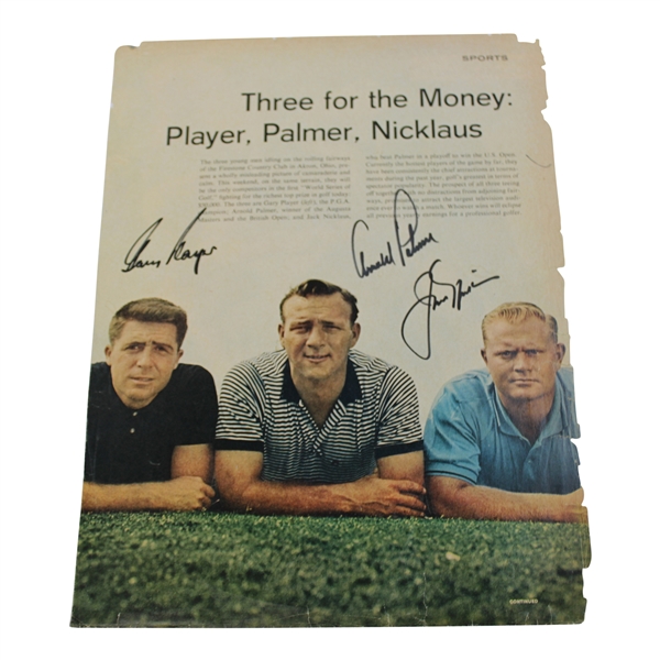 Big 3 Palmer, Nicklaus & Player Signed 1962 Three for the Money Magazine Page JSA ALOA