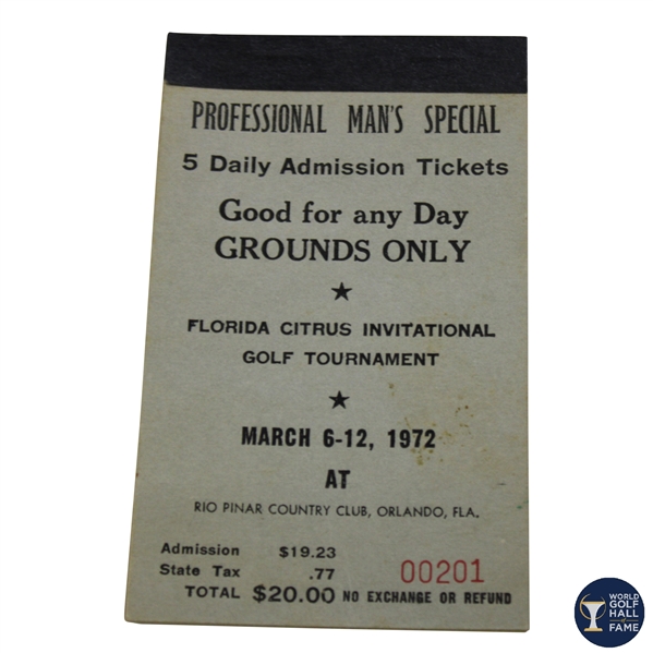 1972 Florida Citrus Open Invitational 5 Daily Admission Tickets Book #0201