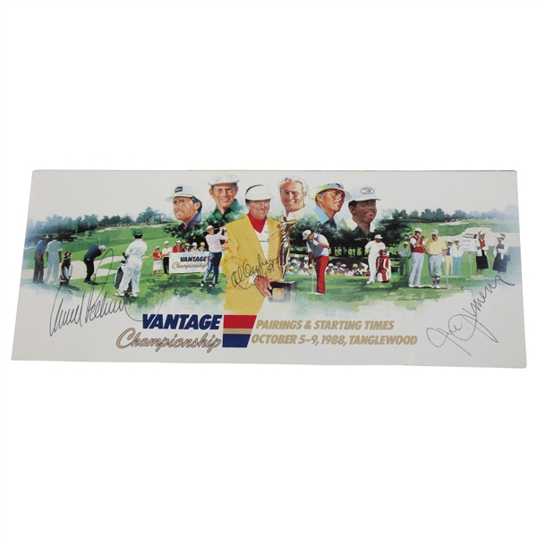 Arnold Palmer, Al Geiberger + Signed 1988 Vantage Championship Pairing Sheet JSA ALOA