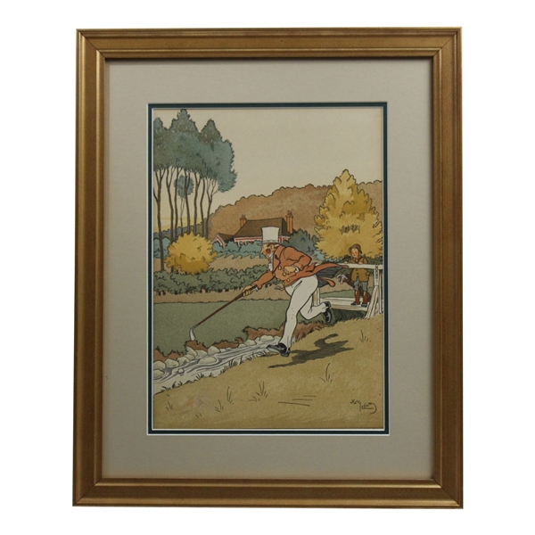 1910 Gentleman Golfer Fishing His Ball From A Stream As His Caddie Looks On Print by Harry Eliott