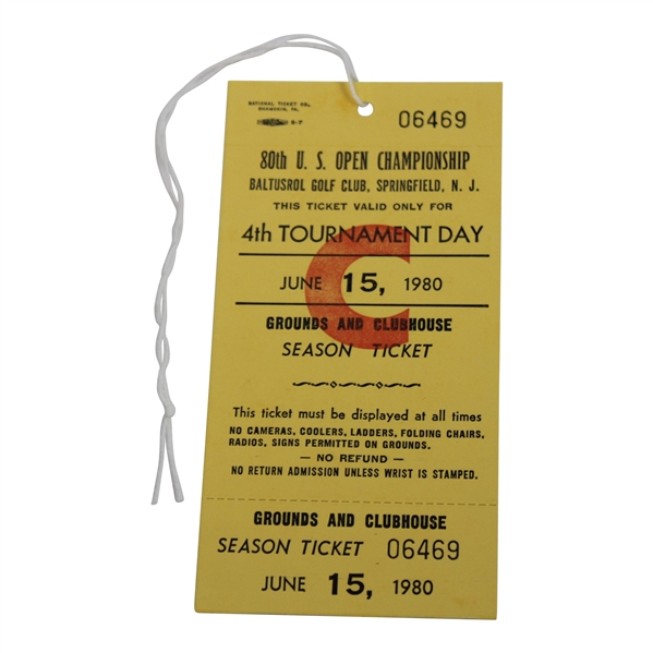 1980 US Open at Baltusrol 4th Tournament Day Grounds Ticket #6469 - Jack Nicklaus Win