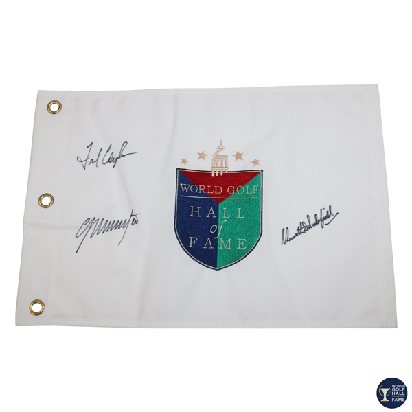 Fred Couples, Colin Montgomerie & Ken Schofield Signed World Golf Hall of Fame Flag JSA ALOA