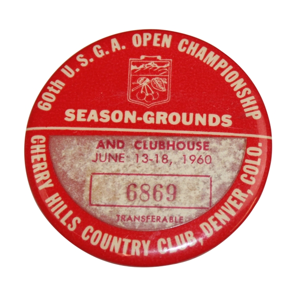 1960 US Open at Cherry Hills Season Ground & Clubhouse Badge #6869 - Arnold Palmer Win