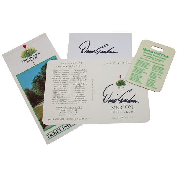 David Graham Signed Merion GC East Course Scorecard & Index Card w/1981 US Open Ticket Info & Bag Tag