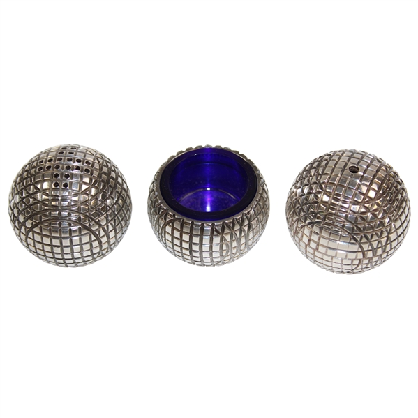 Electroplated Nickel Silver Gutta Percha Golf Ball Designed Salt & Pepper Shakers w/Mustard Pot