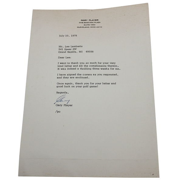 Gary Player Signed 1978 Typed Letter to Lee Lamberts - July 10th JSA ALOA