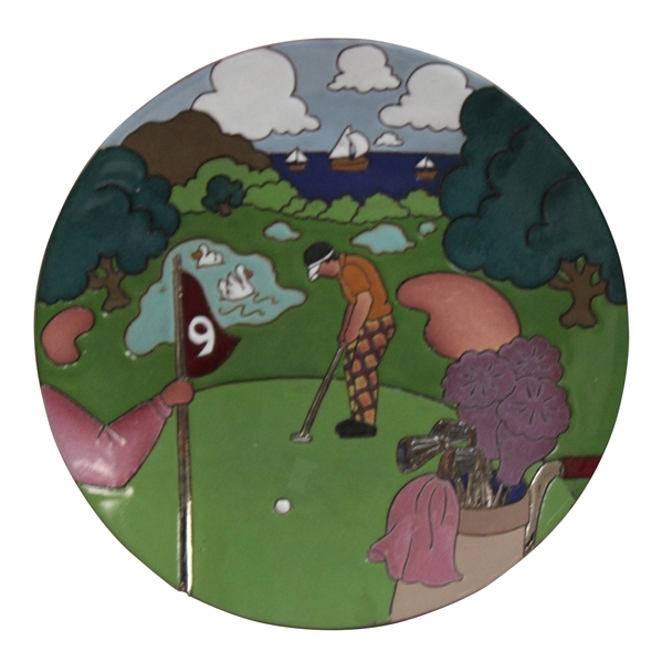 Golfer Putting On The 9th Hole Hand Painted Ceramic Plate/Tray By Judy Miller