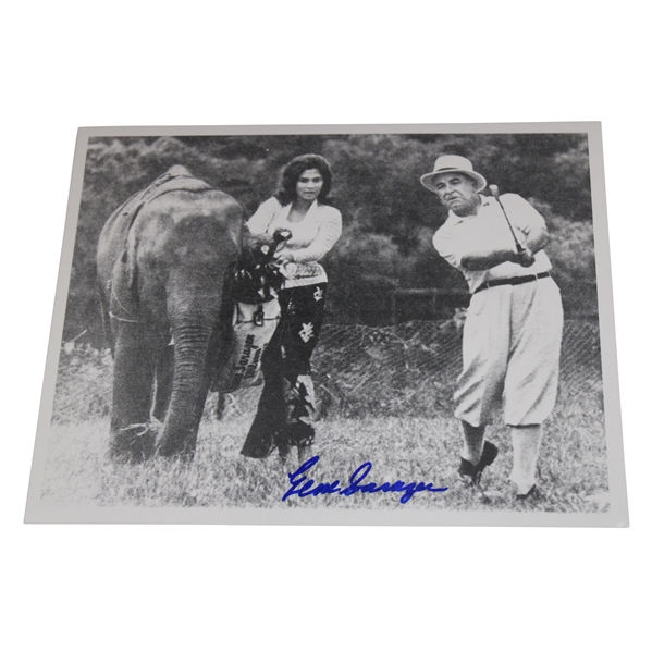 Gene Sarazen Signed Approach Shot with Elephant & Caddy B&W Photo JSA ALOA