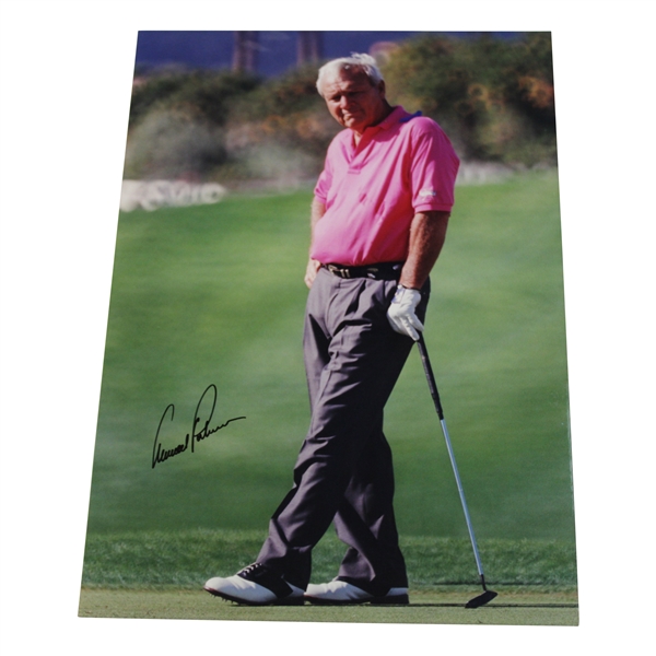 Arnold Palmer Signed Leaning on Putter in Pink Shirt 11x16 Oversize Photo JSA ALOA