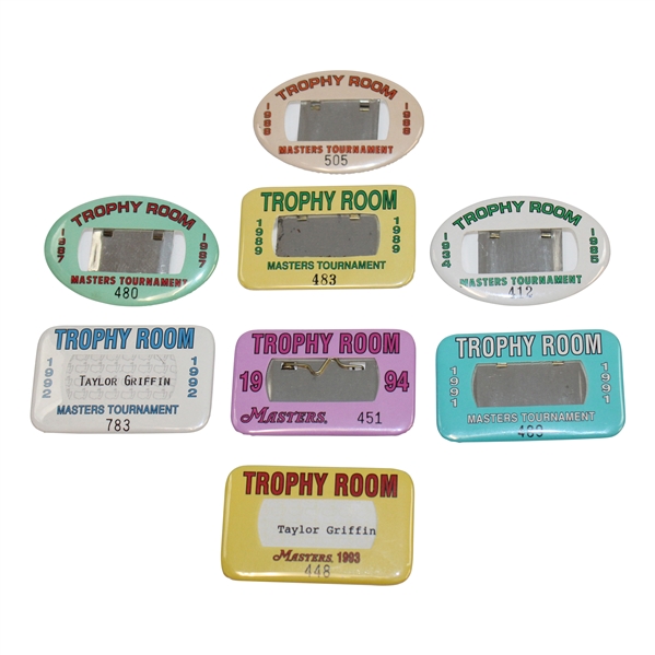 1985, 1987, 1988, 1989, 1991, 1992, 1993 & 1994 Masters Tournament Trophy Room Badges