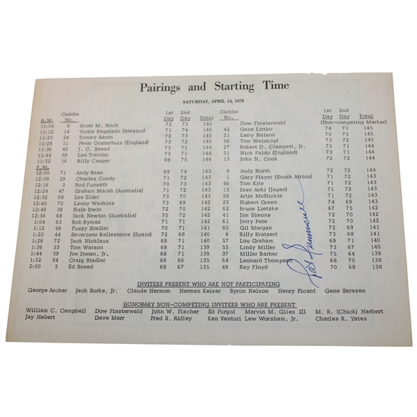 Pat Summerall Signed 1979 Masters Tournament Saturday 3rd Round Pairing Sheet JSA ALOA