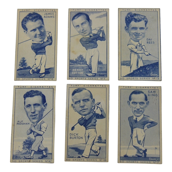 Six (6) TURF Cigarettes Sports Series Golf Cards - Cotton/Adams/Rees/Padgham/Burton/King