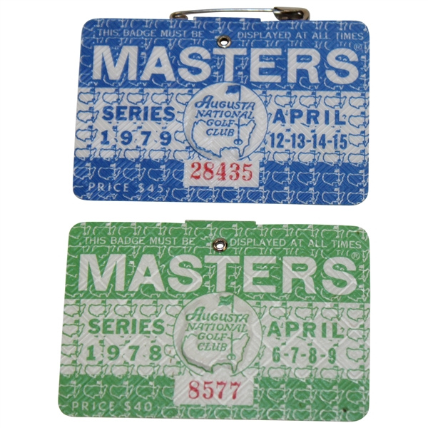 1978 & 1979 Masters Tournament SERIES Badges #8577 & #28435 - Player & Zoeller Wins