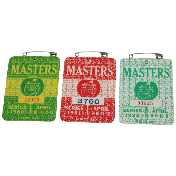 1980, 1981 & 1982 Masters Tournament SERIES Badges - Seve, Watson & Stadler Wins