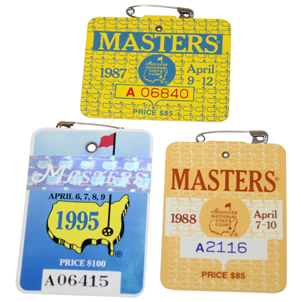 1987, 1988 & 1995 Masters Tournament SERIES Badges - Lyle, Mize & Crenshaw Wins + Tiger Debut