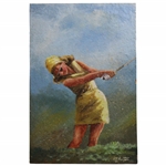 Original 1983 Female Golfer Painting on Board By Artist Pat Preston