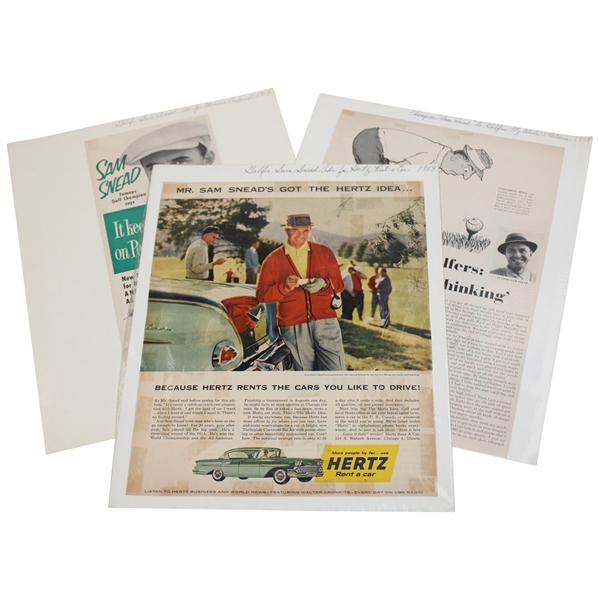 Three (3) 1950s Sam Snead "Quit All That Thinking,  Hertz & Mennen Deodorant Ads