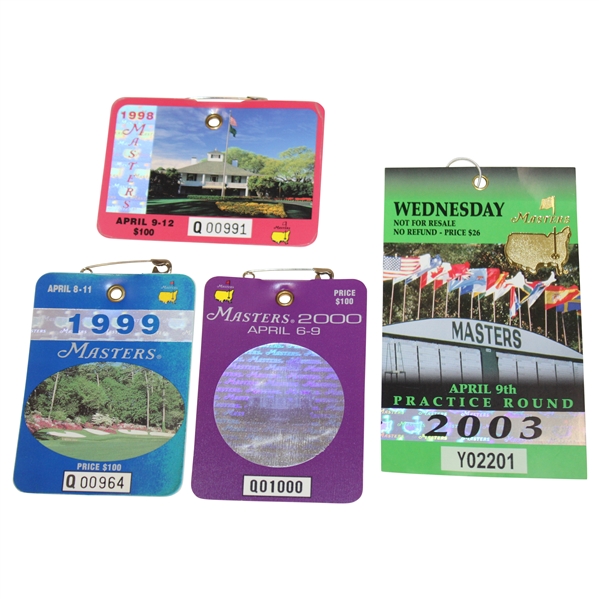 1998, 1999, 2000 Masters SERIES Badges with 2003 Masters Ticket