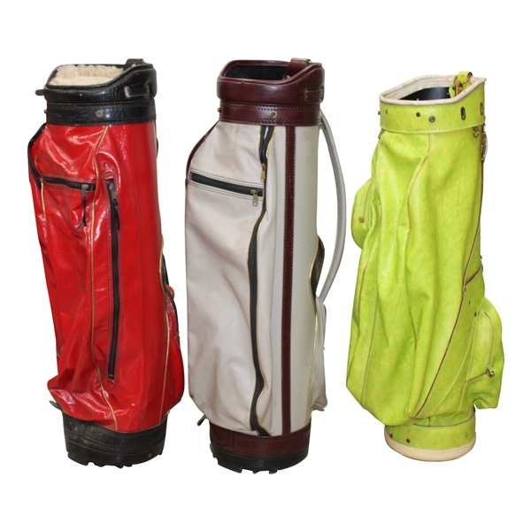 Three (3) Classic Full Size Golf Bags - Red/Tan with Brown/Lime Green