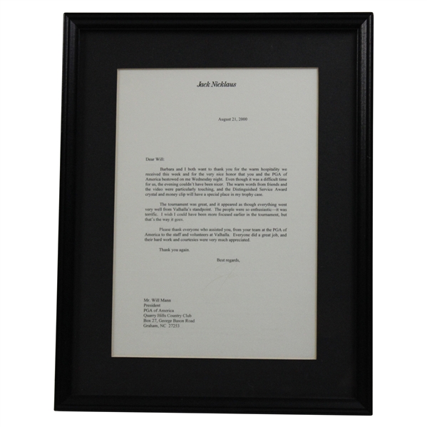 Jack Nicklaus Signed Letter to Past PGA President Will Mann w/ 2000 PGA Champ Content JSA ALOA