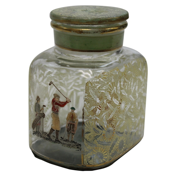 Vintage Golfer with Caddy & Golfer Hand-Painted Decorative Glass Jar with Lid