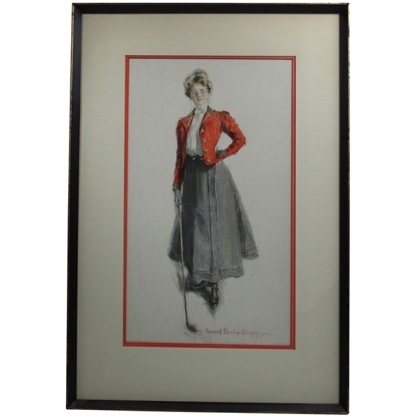 c.1902 The Golf Girl Chandler Christy Red Coat Lady Golfer - Charles Scribner & Sons - Framed