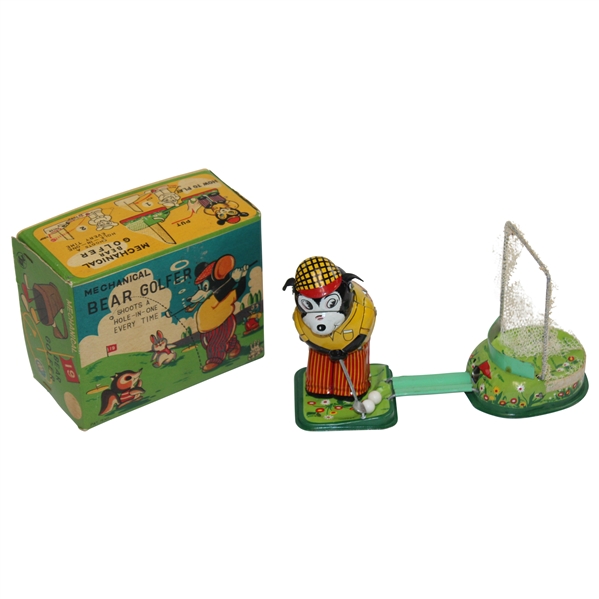 Mechanical Bear Golfer Shoots a Hole-In-One Every Time Tin Figure w/Net in Original Box