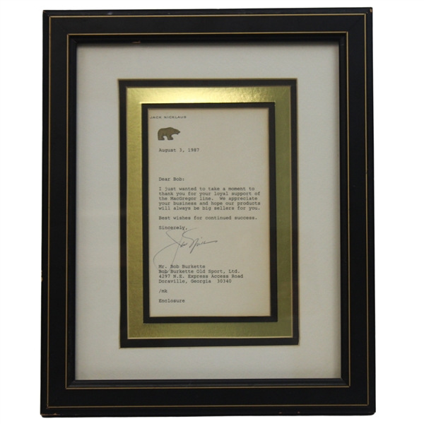 Jack Nicklaus Signed 1987 Letter to MaGregor Distributer - Framed