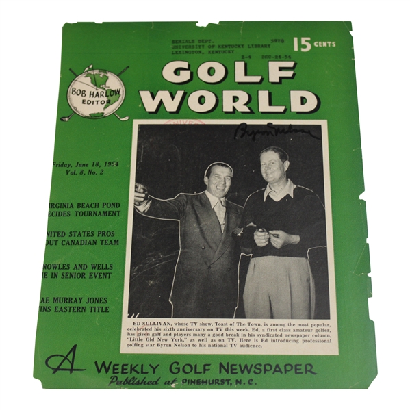 Byron Nelson Signed 1954 Golf World - December Cover Only JSA ALOA