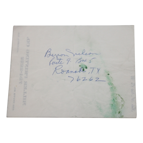 Byron Nelson Signed Note w/Route 9 - Box 5 Roanoke, Tx 76262 Address JSA ALOA