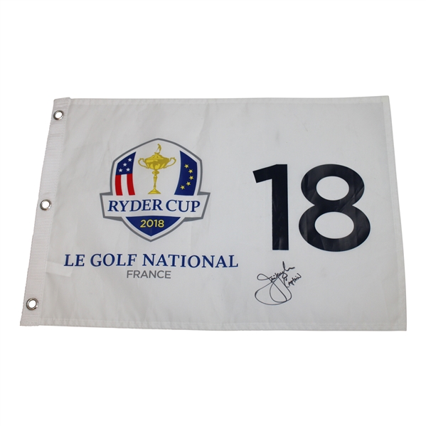 Captain Jim Furyk Signed 2018 Ryder Cup at Le Golf National White Flag JSA ALOA