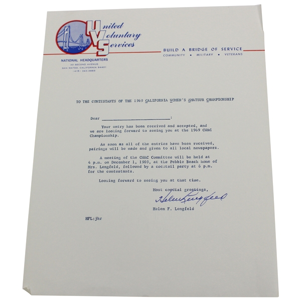 Helen Lengfeld Signed 1969 California Womens Amateur Contestant Acceptance Letter Pebble Beach Tournament Invitation