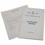 1969 Royal Liverpool Golf Club at Holyoke Centenary Dinner Program with Letter