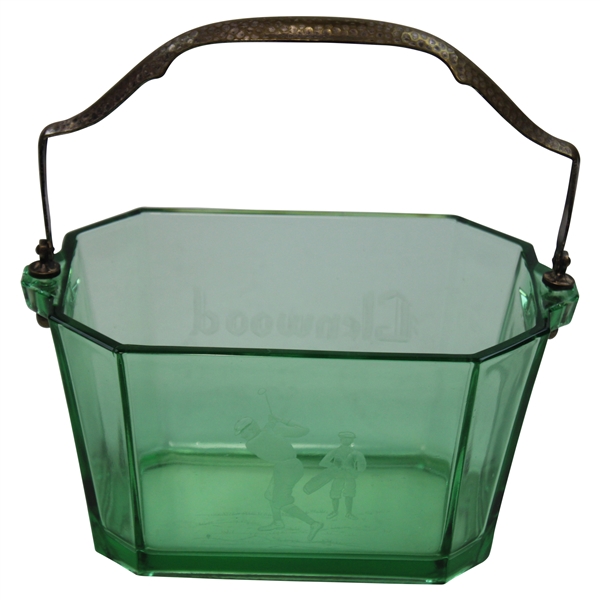 Heisey Green Golf Glass Glenwood Basket w/Brass Hand-Hammered Handle