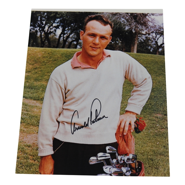 Arnold Palmer Signed Posing with Golf Bag/Clubs 11x14 Oversize Photo JSA ALOA