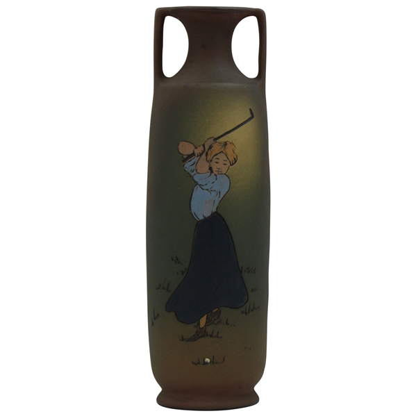 Early 1900s Weller Dickensware Dual-Handled Female Golfer Vase