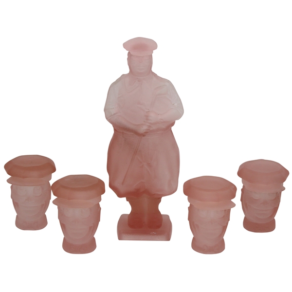 c.1920s Jolly Golfer 10pc Set of Velvety Satin-Finish Opaque Rose Pink Glass by Tony Sarg