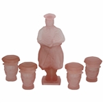 c.1920s Jolly Golfer 10pc Set of Velvety Satin-Finish Opaque Rose Pink Glass by Tony Sarg