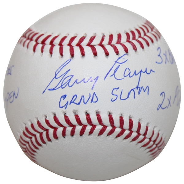 Gary Player Signed MLB Baseball w/Grand Slam, 3x Masters, 65 US Open, 3x Brit Open, 2x PGA Inscr. JSA ALOA